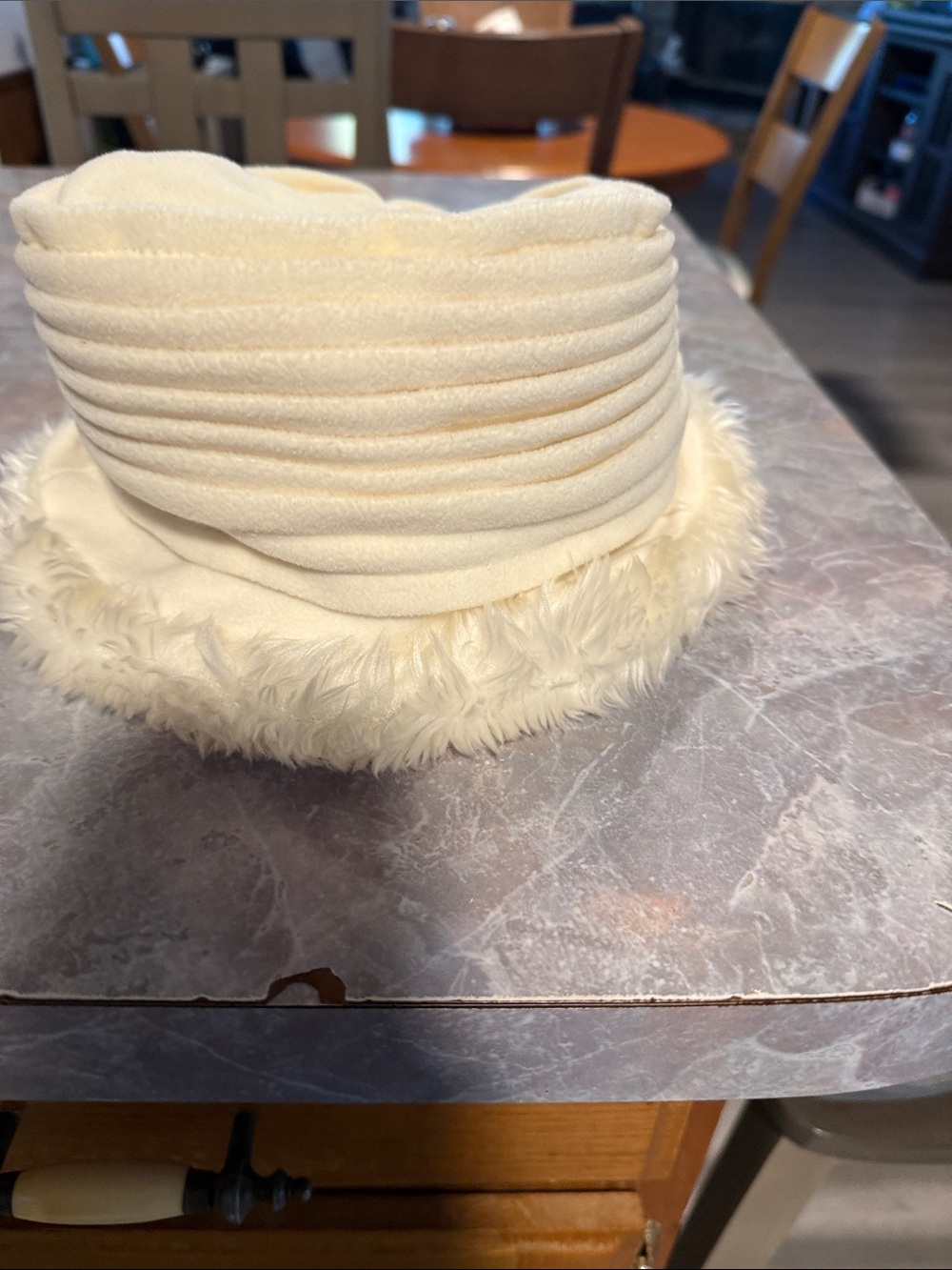 Cream Faux-Fur Bucket Hat with Quilted Crown